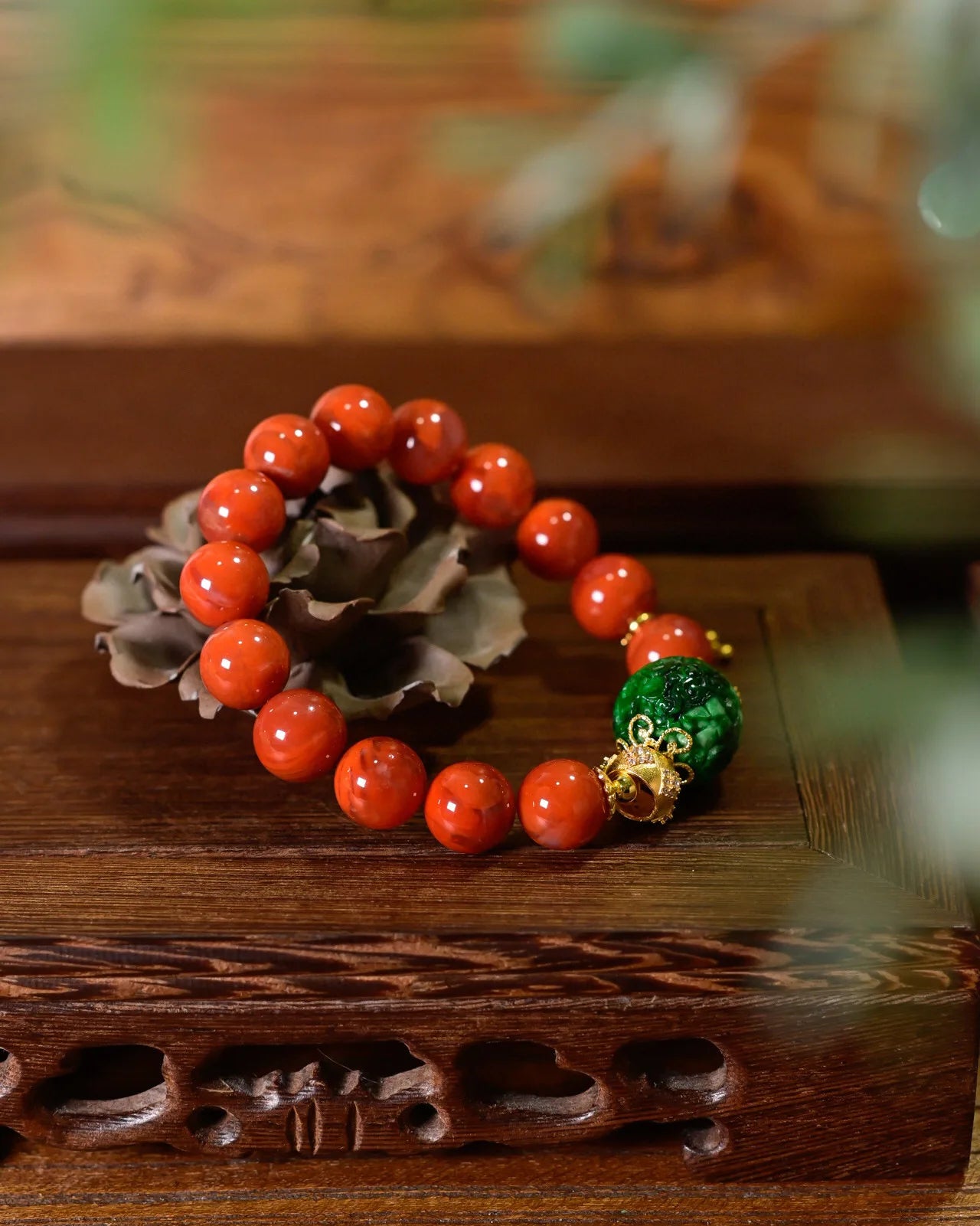 天然四川南红玛瑙与A货翡翠回纹转运手链·925银招财护身饰