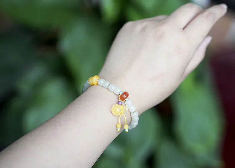 Hetian Jade 7x8mm Beaded Pendant Bracelet — Unisex Charm