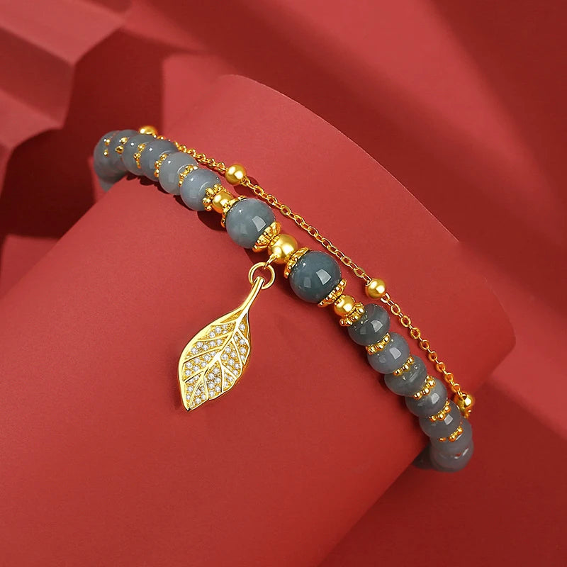 Natural Rice-Bead Jade Bracelet with A-Grade Jadeite Clamp