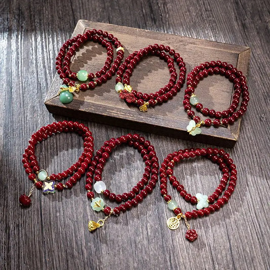 Double Circle Cinnabar-Style Bracelet with Pixiu & Gourd Pendant