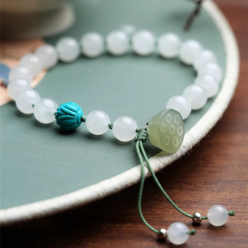 White Hetian Jade Lotus Beaded Bracelet — Handmade Feng Shui Crystal
