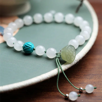 White Hetian Jade Lotus Beaded Bracelet — Handmade Feng Shui Crystal