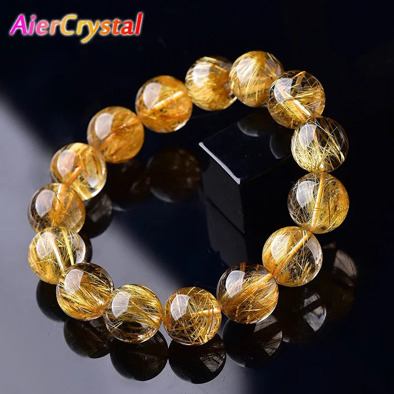 Rutilated Quartz Golden-Needle Round Bead Bracelet