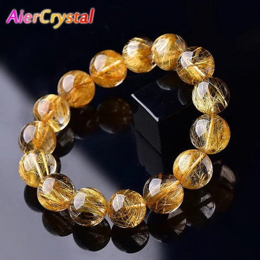 Rutilated Quartz Golden-Needle Round Bead Bracelet