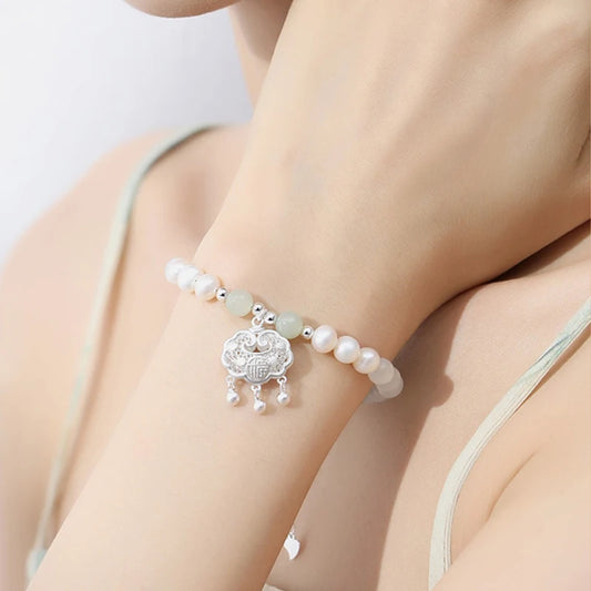 Cat's Eye & Freshwater Pearl 925 Peace-Lock Beaded Bracelet for Women