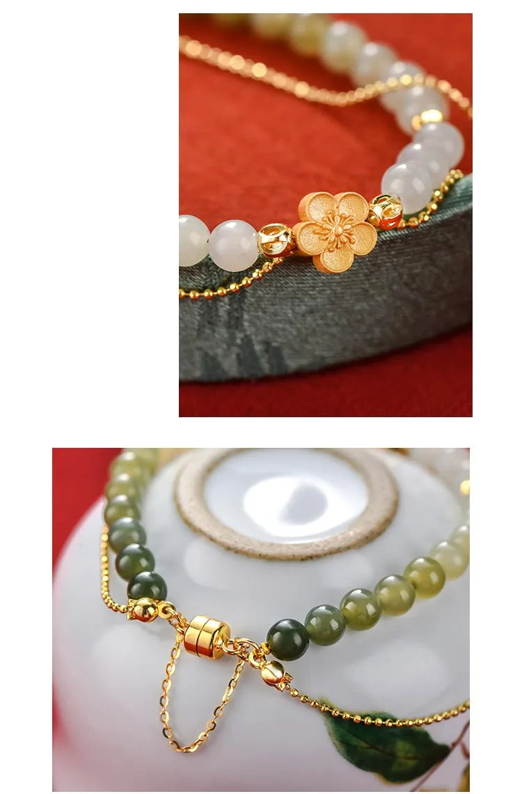 Peach Blossom Hotan Jade Hand-String Bracelet — Romance & Protection
