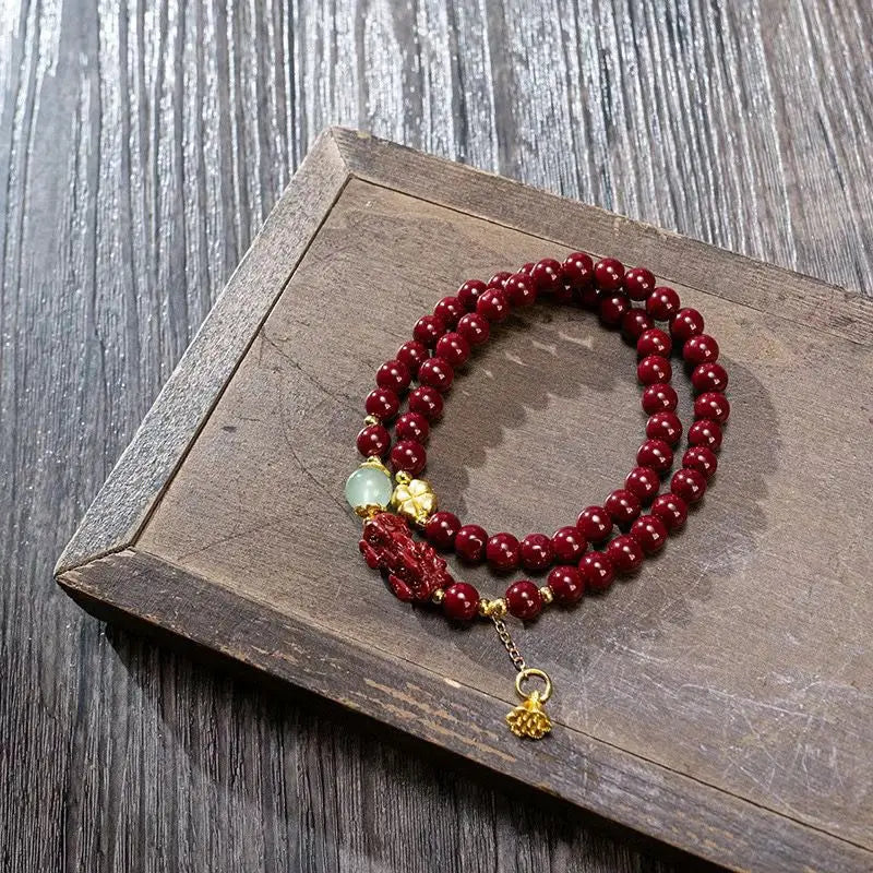 Double Circle Cinnabar-Style Bracelet with Pixiu & Gourd Pendant