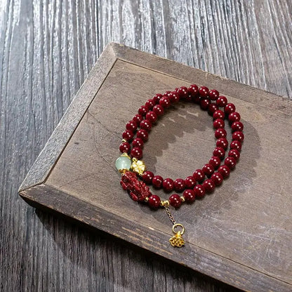 Double Circle Cinnabar-Style Bracelet with Pixiu & Gourd Pendant