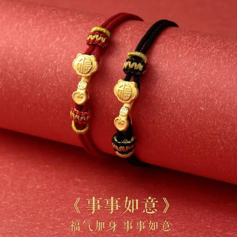 Ruyi Fu Garnet Bracelet - Golden Woven Red & Black Amulet