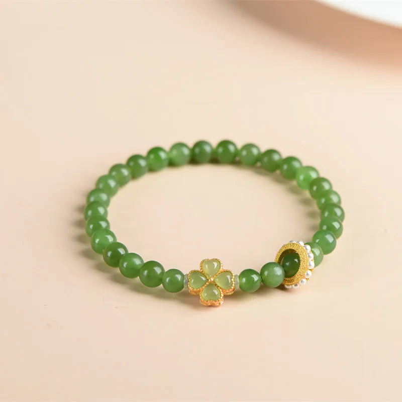 Hetian Jade Four‑Leaf Clover Bracelet｜Lucky Charm for Women