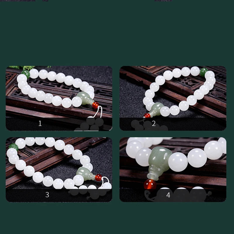 Hetian White Jade Flower Pendant Bracelet｜10mm Natural Bead Set