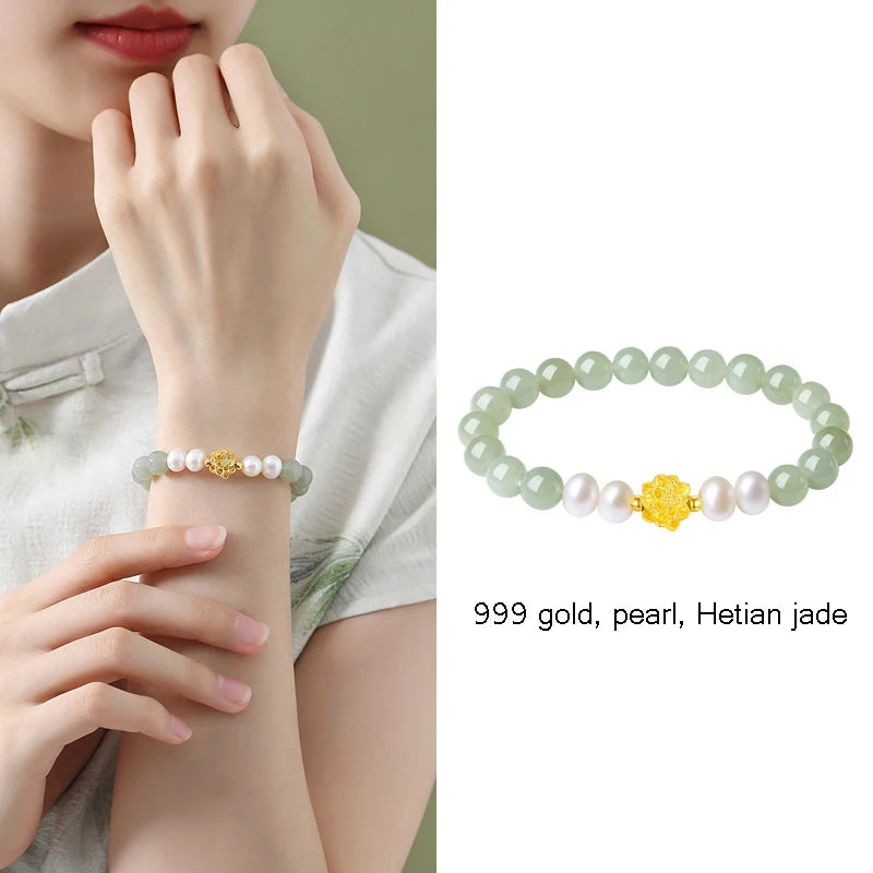 Hotan Jade & 999 Gold Pearl Bracelet｜Feng Shui Elegance