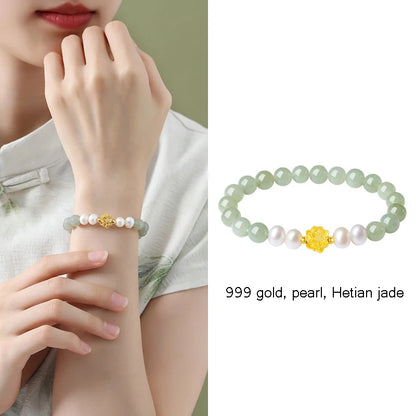 Hotan Jade & 999 Gold Pearl Bracelet｜Feng Shui Elegance