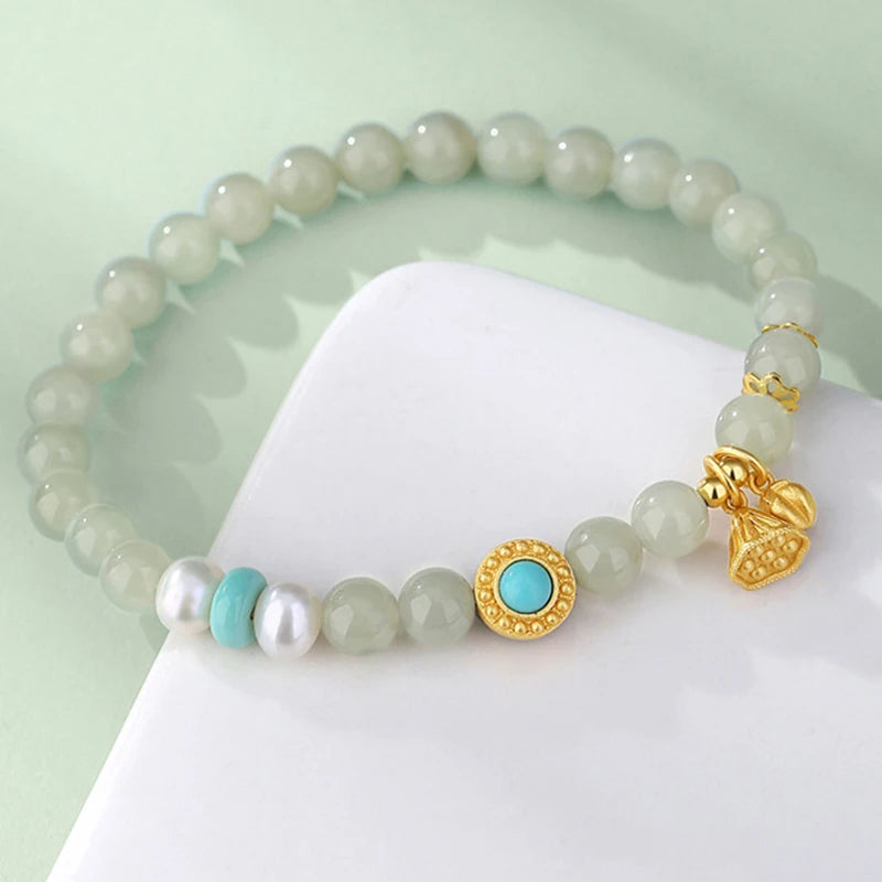 Hetian Jade Lotus Pendant with Pearl Green Bead Bracelet