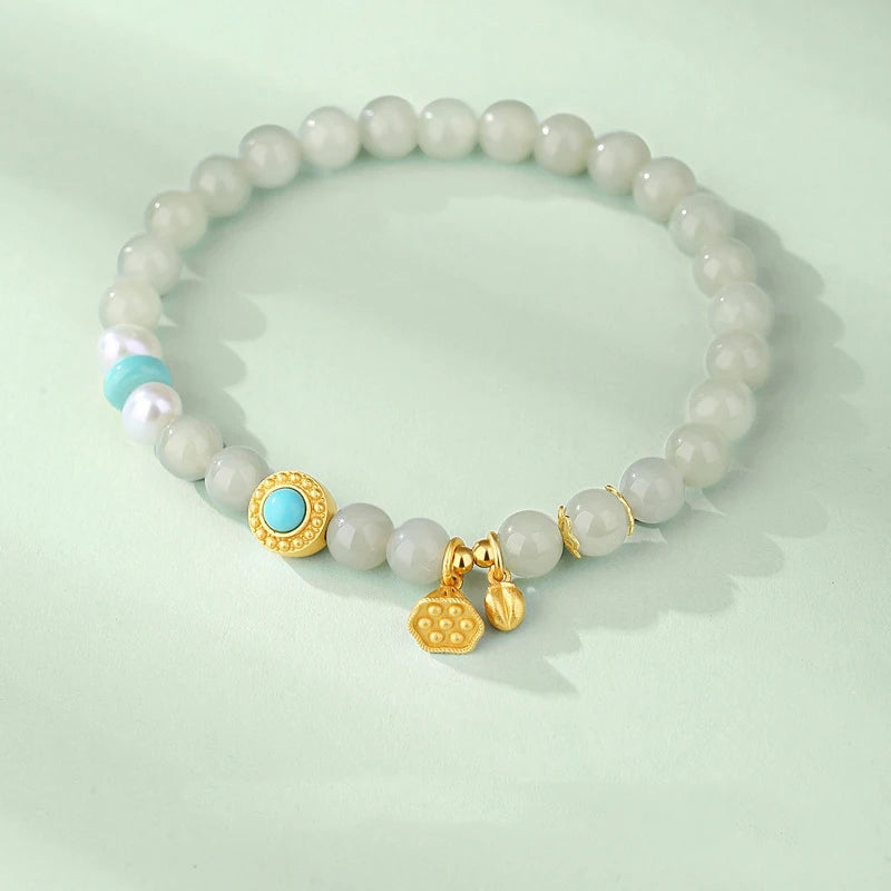 Hetian Jade Lotus Pendant with Pearl Green Bead Bracelet