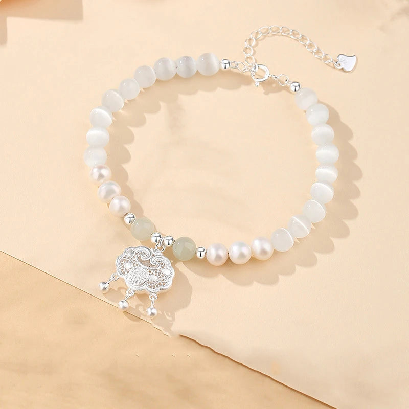 Cat's Eye & Freshwater Pearl 925 Peace-Lock Beaded Bracelet for Women