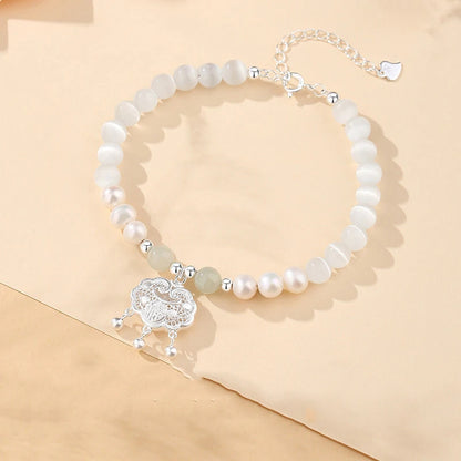 Cat's Eye & Freshwater Pearl 925 Peace-Lock Beaded Bracelet for Women