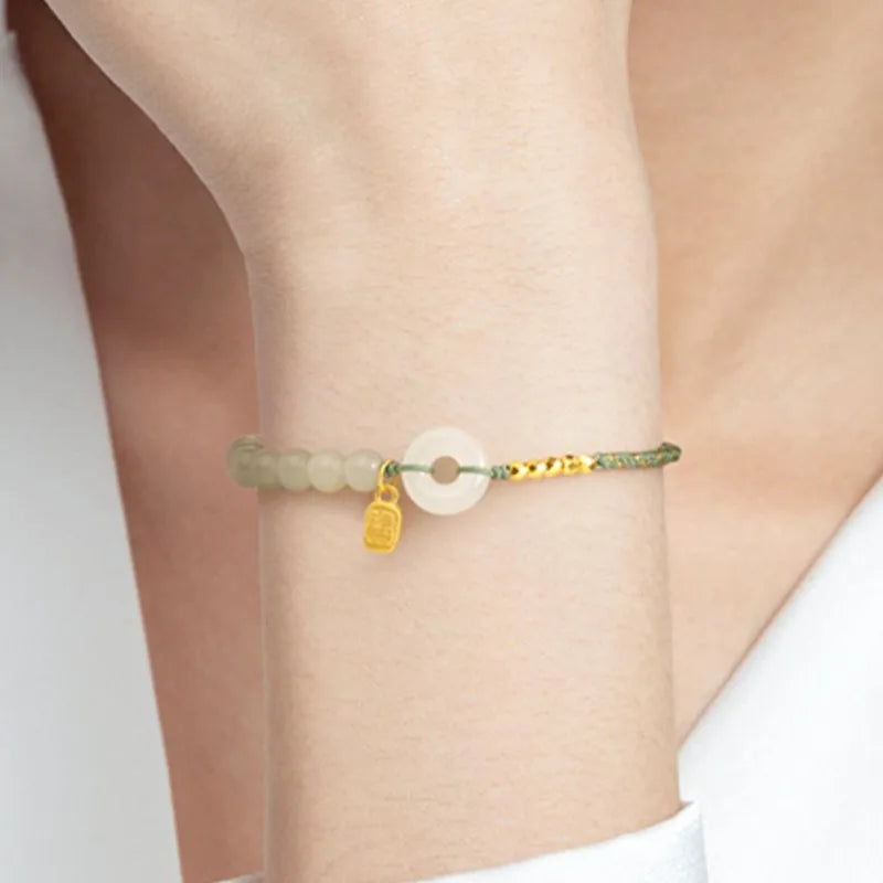 Natural Hetian Jade Lucky Buckle Braided Bracelet for Women