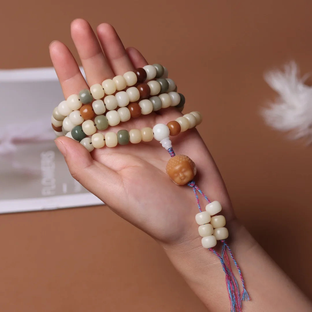 White Jade Bodhi Root Wrap Bracelet — Multi-Treasure
