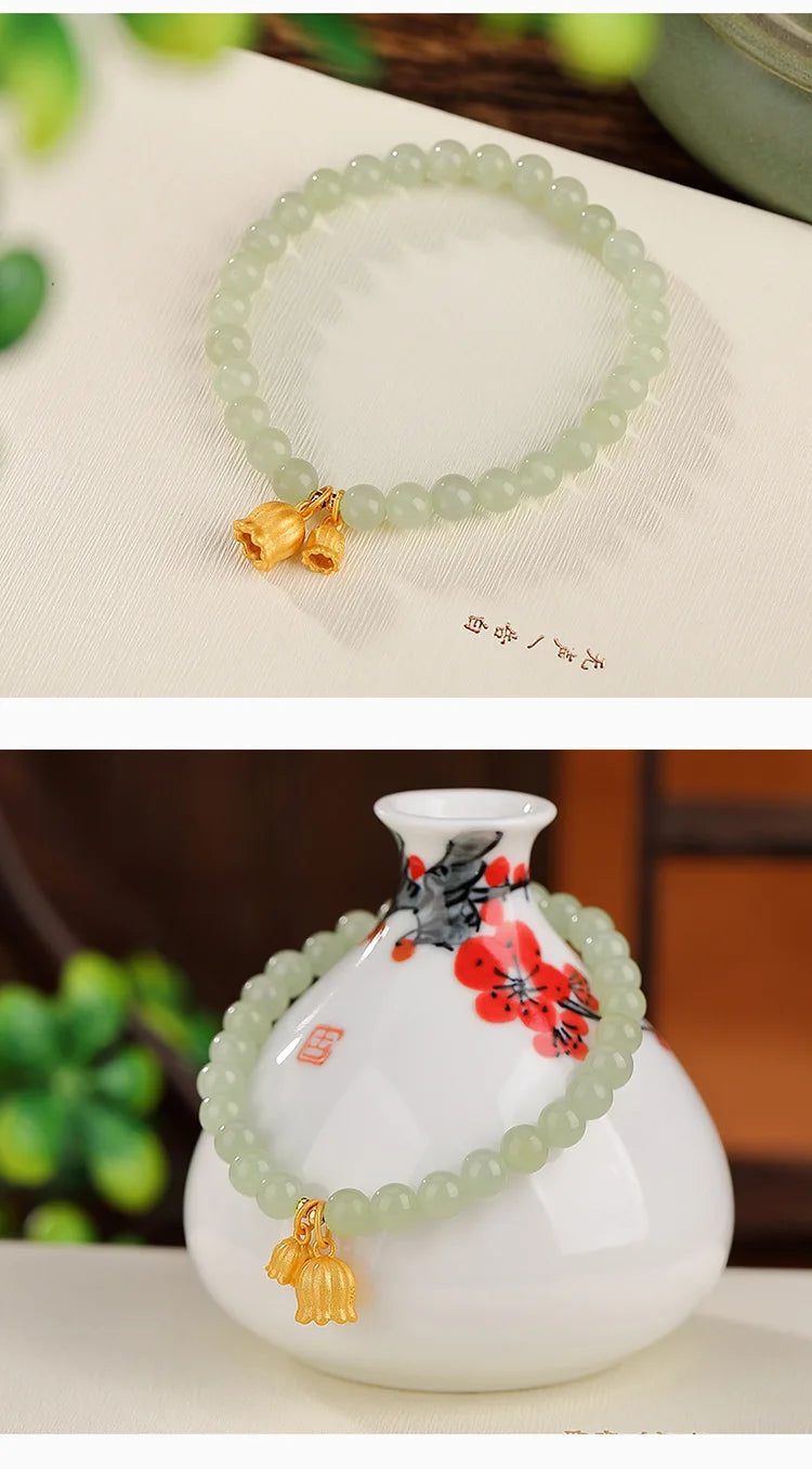 Blue Hotan Jade Gradient Bead Bracelet｜S925 Gold-Plated Elegance
