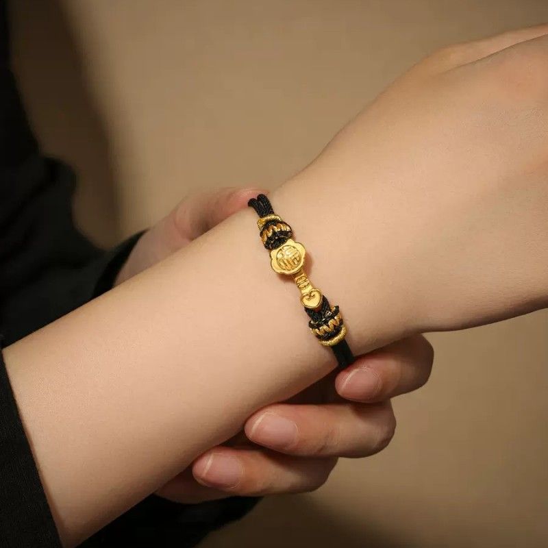 Ruyi Fu Garnet Bracelet - Golden Woven Red & Black Amulet