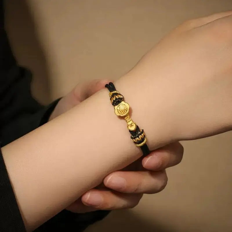 Ruyi Fu Garnet Bracelet - Golden Woven Red & Black Amulet