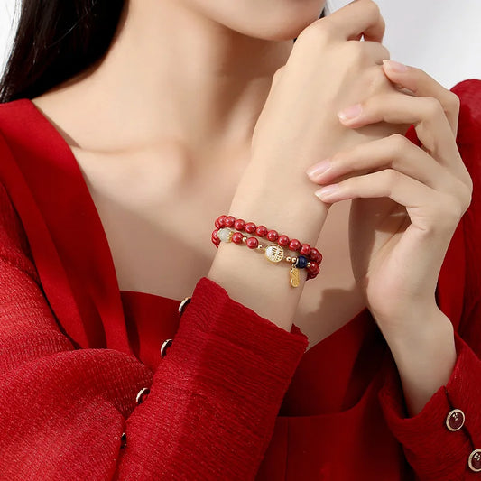Natural Cinnabar Double-Circle Bracelet — Chinese Vintage Charm