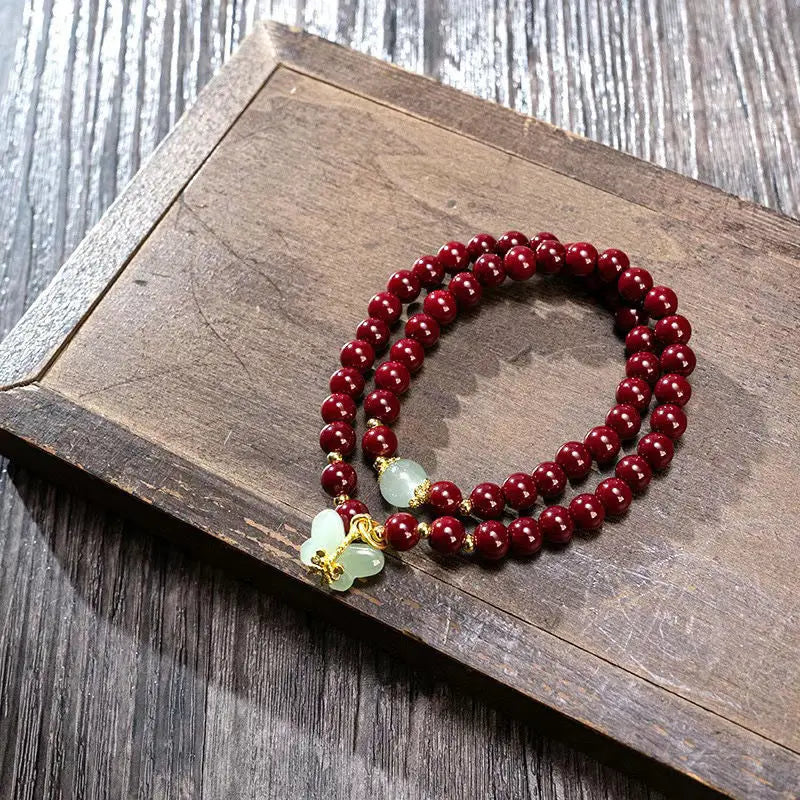 Double Circle Cinnabar-Style Bracelet with Pixiu & Gourd Pendant