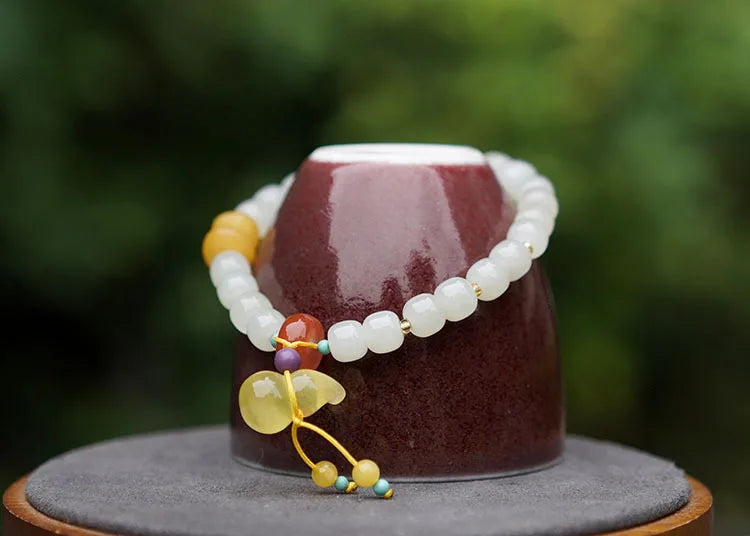 Hetian Jade 7x8mm Beaded Pendant Bracelet — Unisex Charm