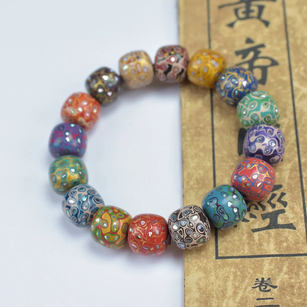 Antique Wood Circle Bracelet with Mother-of-Pearl Luck Charm