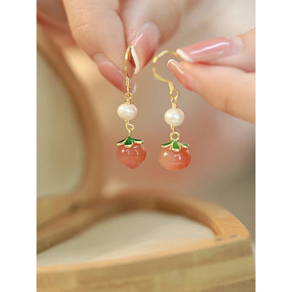 Red Agate Peach Jade Hook Earrings - Vintage Pearl Gift