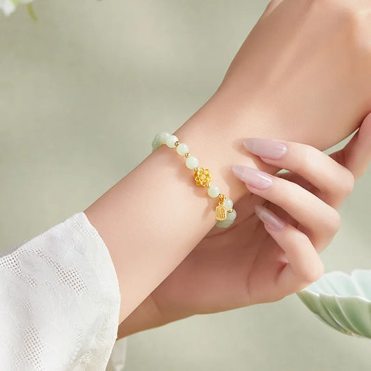 Hetian Green Jade 6mm Lotus Bracelet — Single Circle Buddha Beads