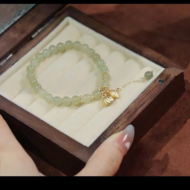 6MM Hetian Jade Lotus Bracelet — Green‑White Hand‑Strung Charm