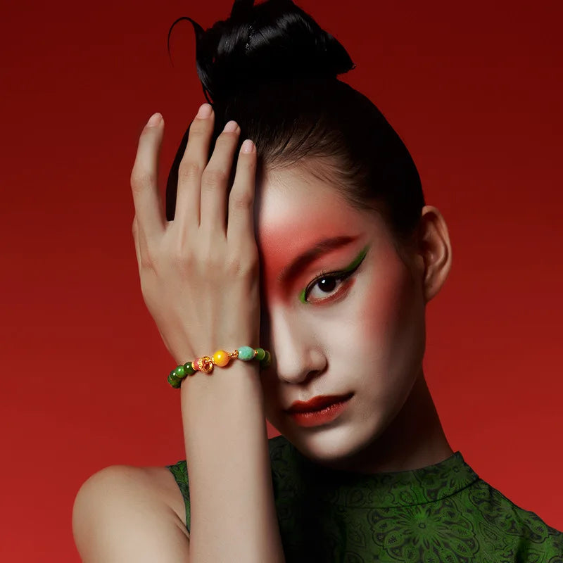 Hetian Jasper & Wax Amber Hand Chain｜Tibetan Silver Rope