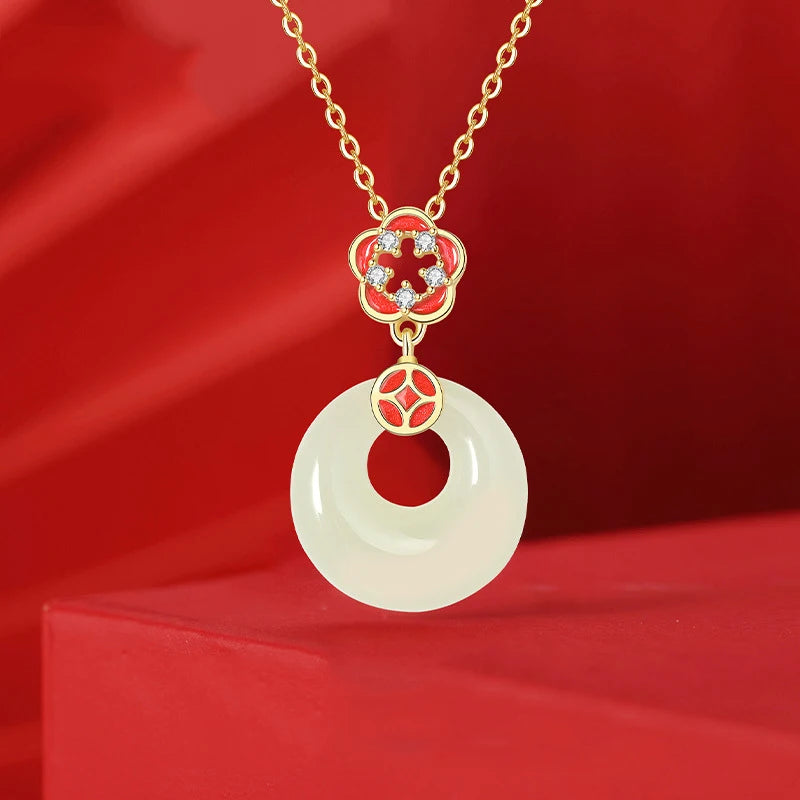 Hollowed Flower Hetian Jade Pendant Necklace – Copper Coin Charm