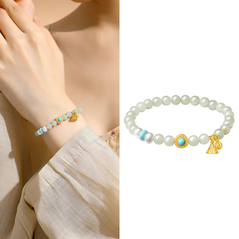 Hetian Jade Lotus Pendant with Pearl Green Bead Bracelet