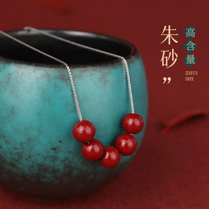 Natural Cinnabar Water-Drop Pendant Necklace｜Silver Chain Lucky Beads