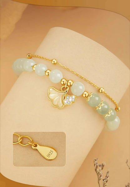 Hotan Jade Ginkgo Double‑Layer Pearl Bracelet — High‑End Gift