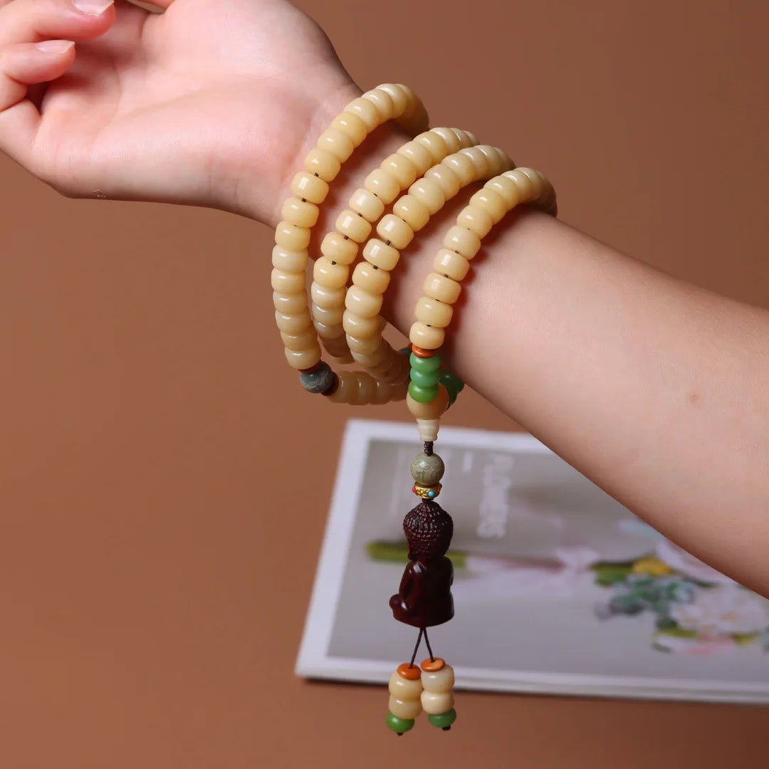 White Jade Bodhi Root Wrap Bracelet — Multi-Treasure