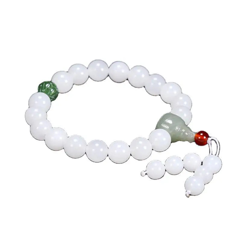 Hetian White Jade Flower Pendant Bracelet｜10mm Natural Bead Set