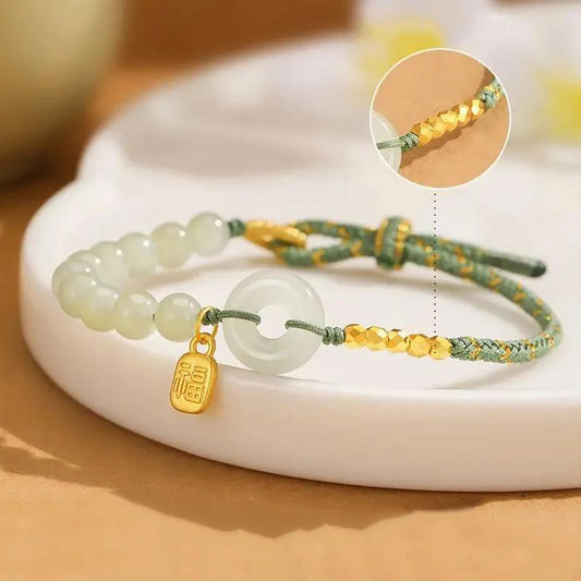 Natural Hetian Jade Lucky Buckle Braided Bracelet for Women