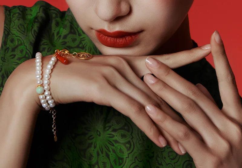 925 Sterling Silver Double Freshwater Pearl Chain Bracelet for Wedding