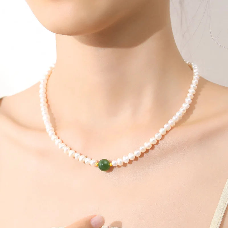 Green Pearl Choker — Freshwater Pearl & Green Beads