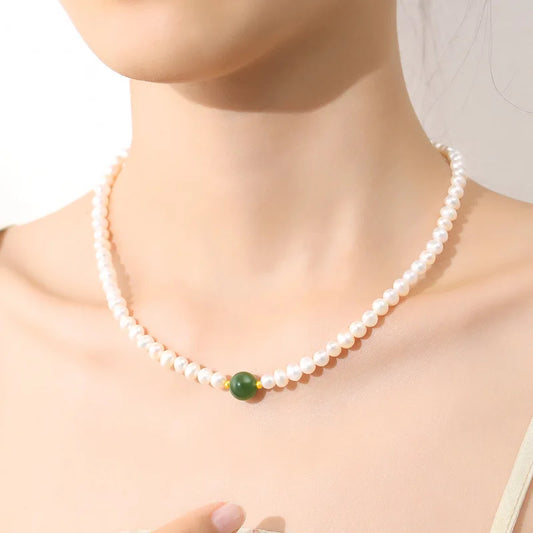 Green Pearl Choker — Freshwater Pearl & Green Beads