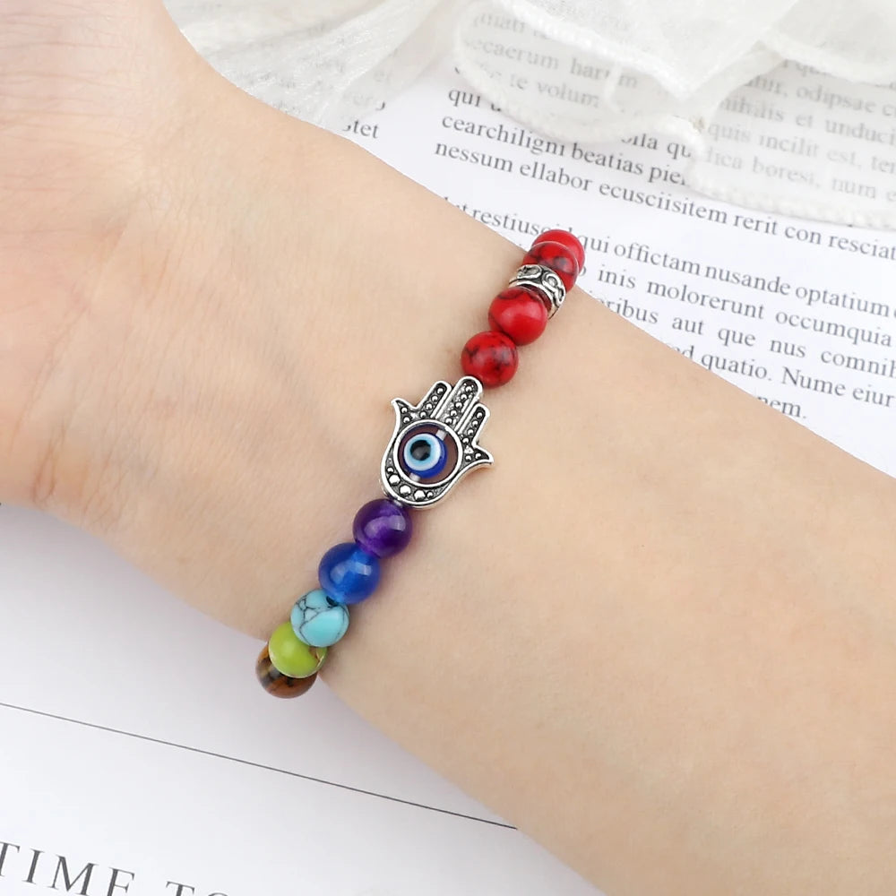 6mm天然石七脉轮弹力手链｜掌形邪眼护符 男女通用