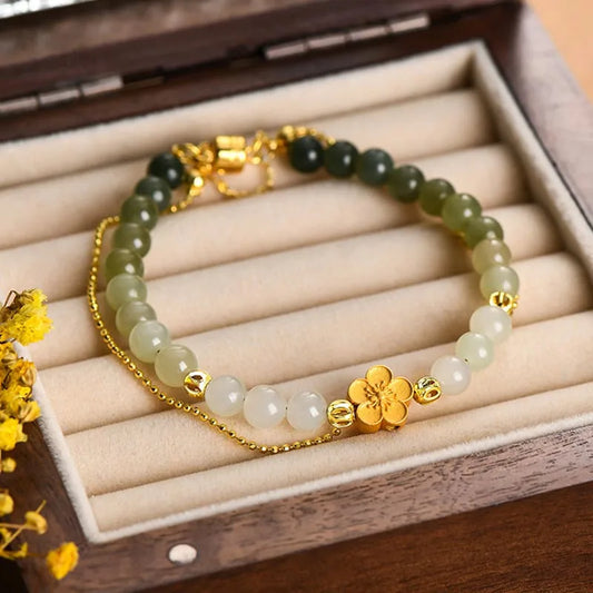 Peach Blossom Hotan Jade Hand-String Bracelet — Romance & Protection