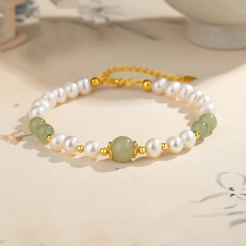 Green Agate & Jade Elastic Bead Bracelet — Wedding Gift Charm