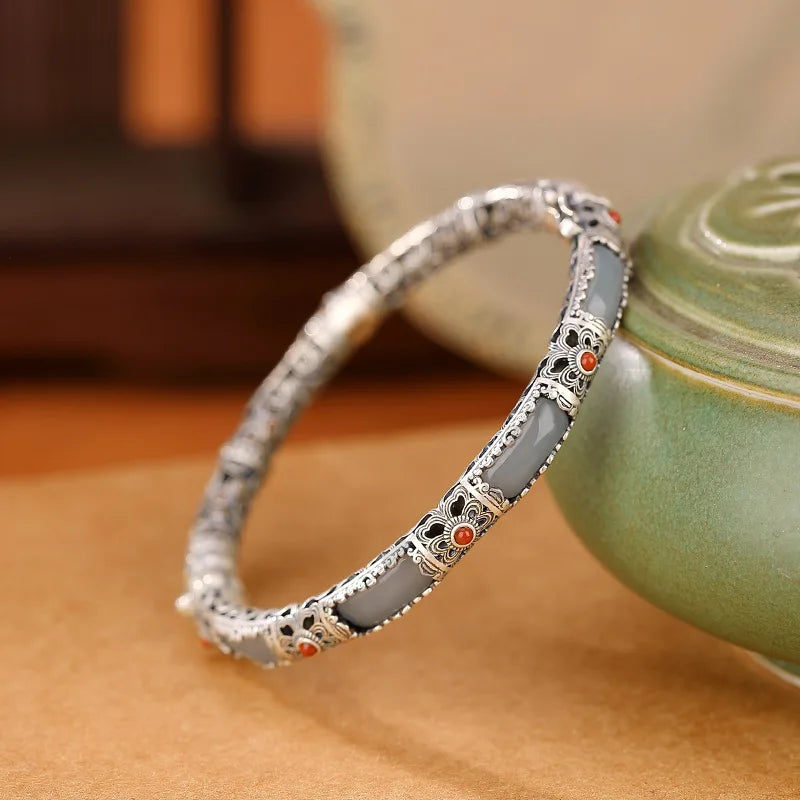 Hollow Butterfly Jade Bangle — Vintage Silver-Tone Bracelet