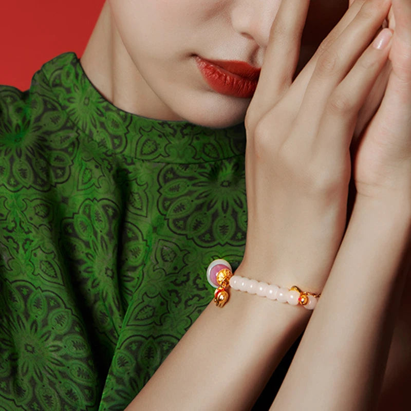 Natural Hetian Jade Bracelet for Women｜Silver & Gold-Plated Accents