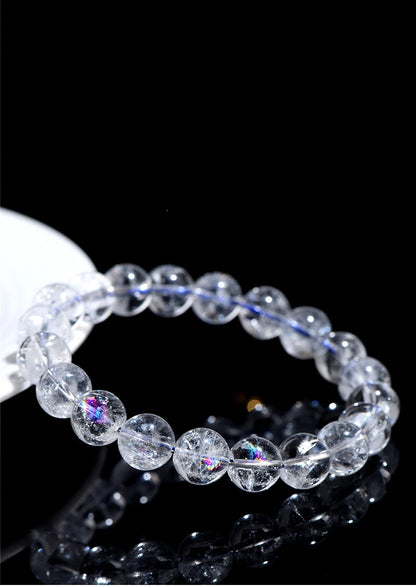 Natural Rainbow White Crystal & Jade Round Bead Bracelet — Feng Shui Charm